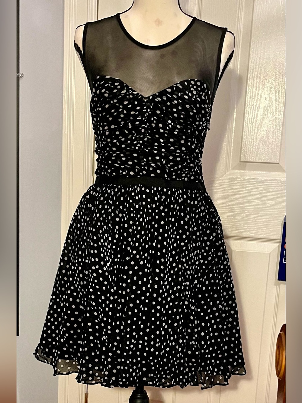 Black Polka Dot Mesh Yoke Fit & Flare Dress